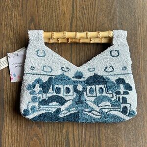Cityscape Beaded Clutch with Bamboo Handle in Blue and White Viral TikTok